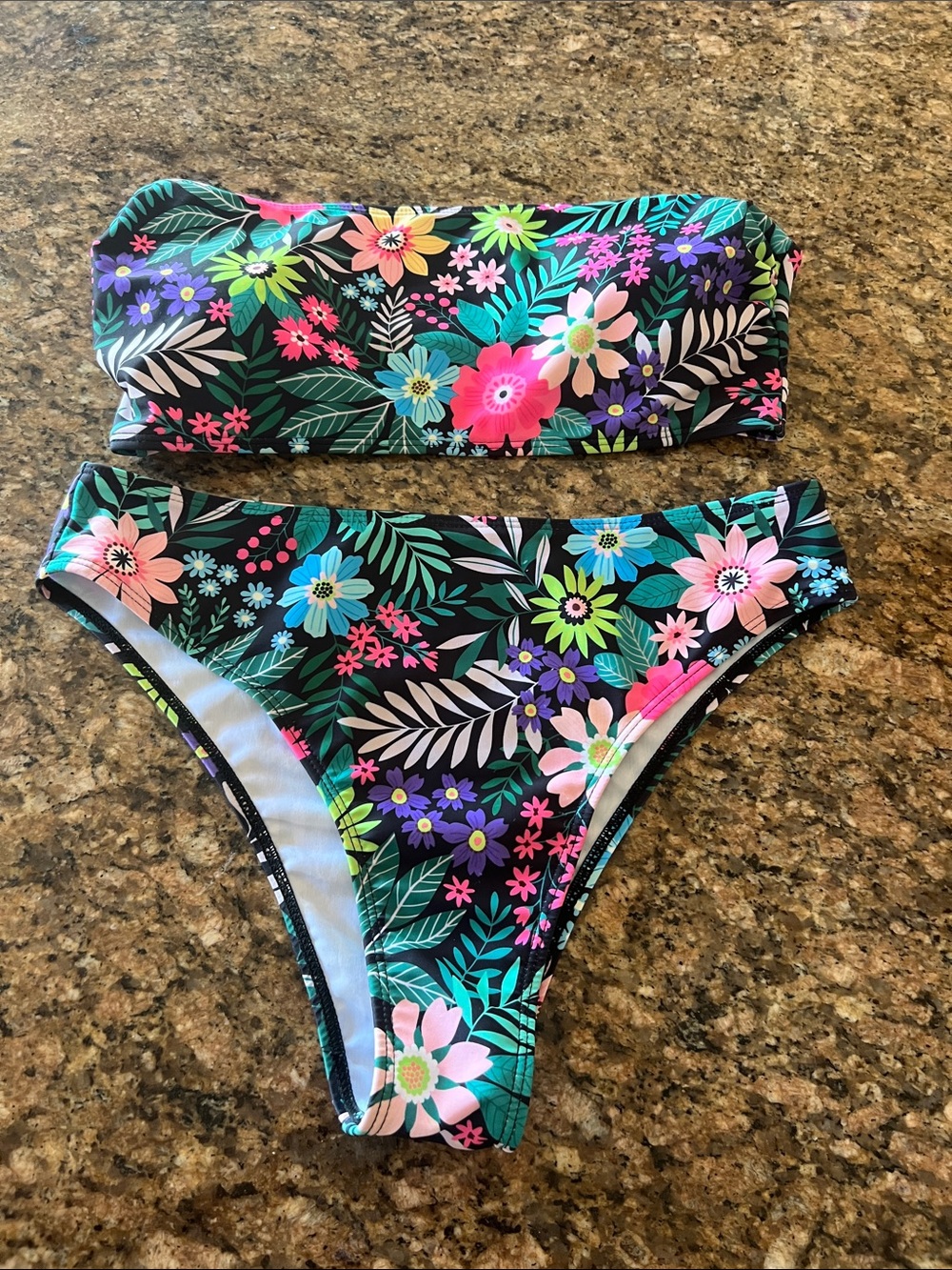 NWOT Floral Bandeau Bikini Set - Black Background with Multicolor Flowers